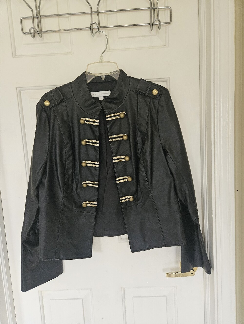 Military-Style Black Leather Like Jacket with Gold Trim